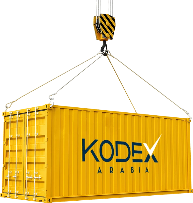 A yellow KODEX container on a crane hook
